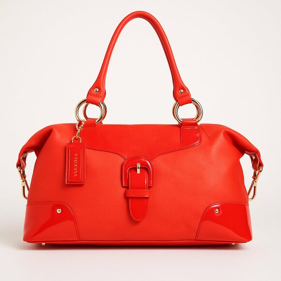Pursuits red Patent Trim Satchel Tote Bag with Buckle Accent – Bold Statement P - Picture 1 of 9